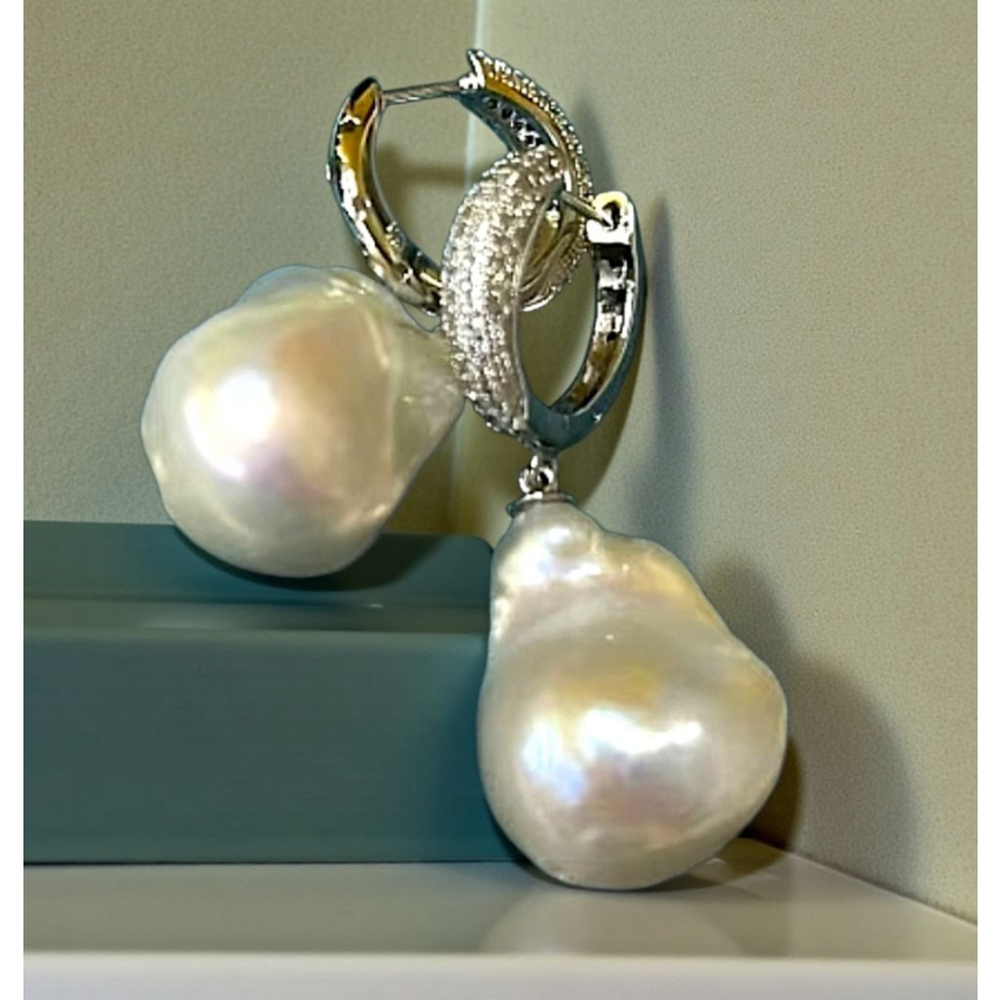 Sterling Silver 16MM Baroque Pearl & White Zircon Huggie Style Earrings - Picture 2 of 5